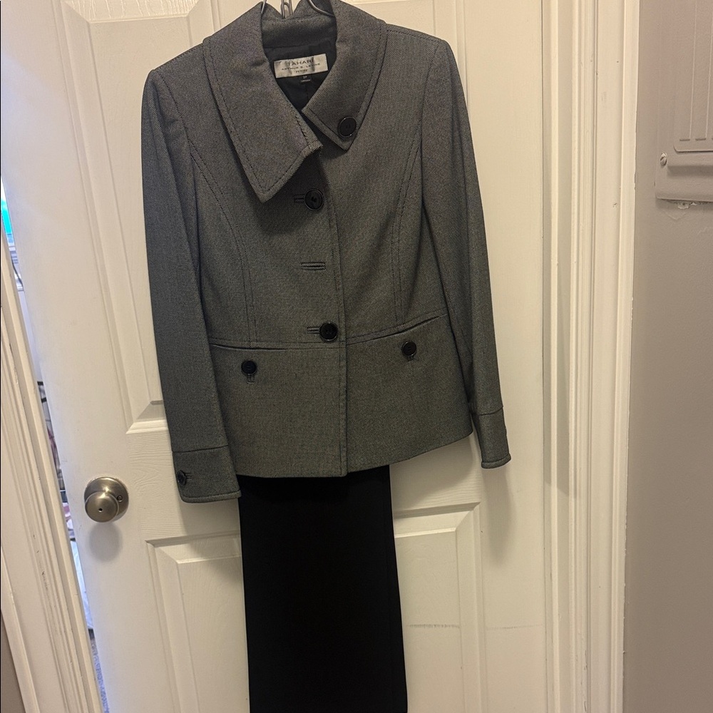 Gray and black suit